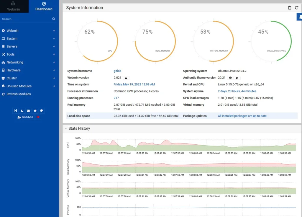 Gitlab VM, Webmin Dashboard