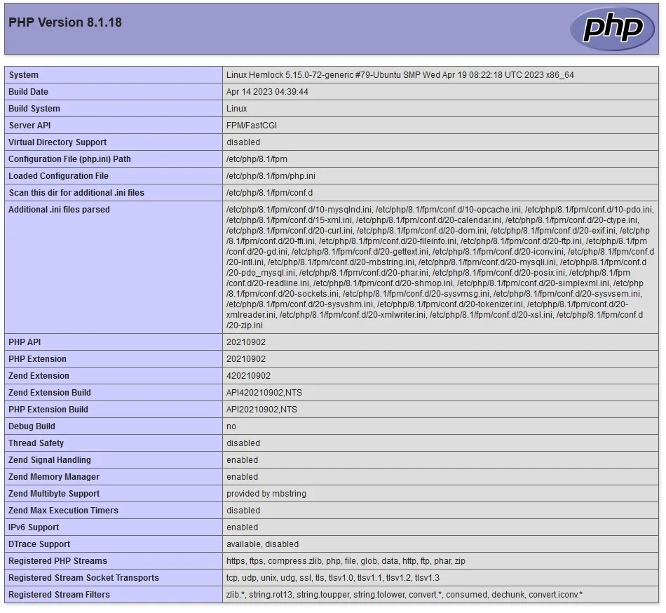 phpinfo of PHP8.1.18