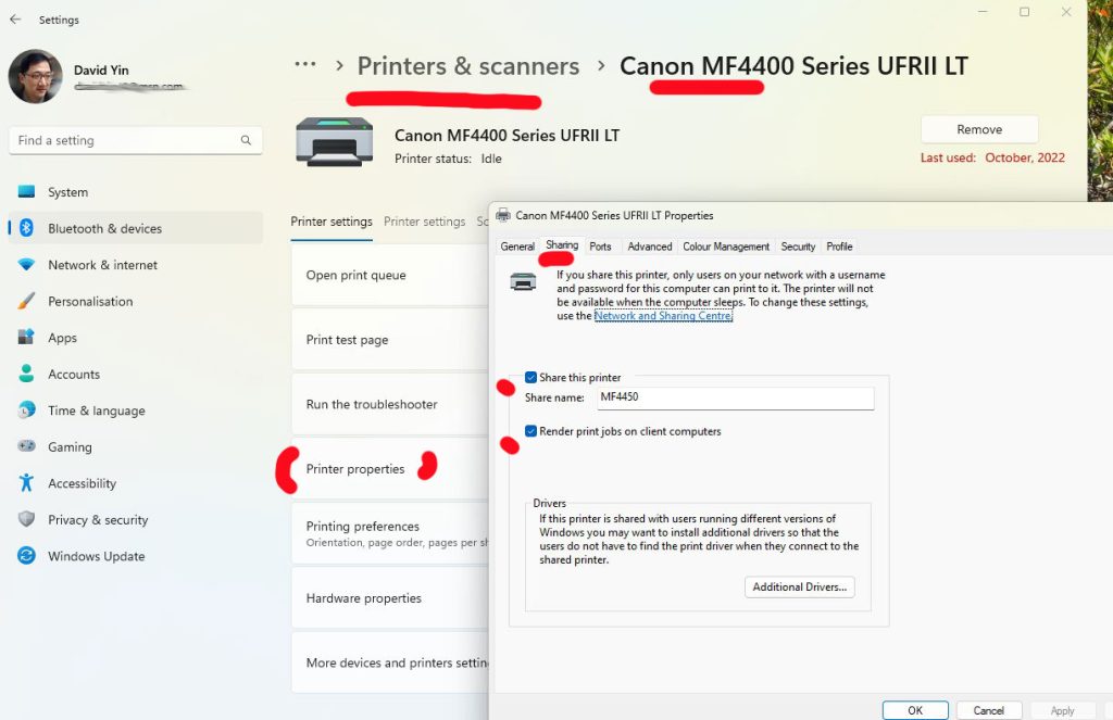 Printer properties, Sharing